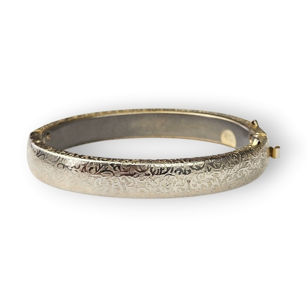 Vintage Floral Cuff Bracelet Embossed Lightweight Hinged Gold Wash Silver Tone